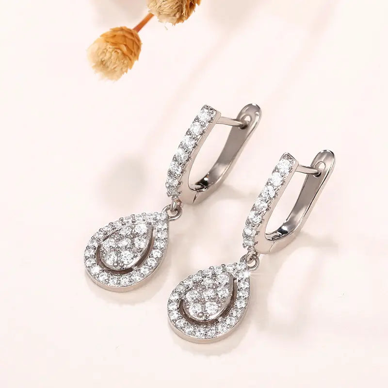 Women's Silver-Plated Teardrop Earrings with Zircon Inlay