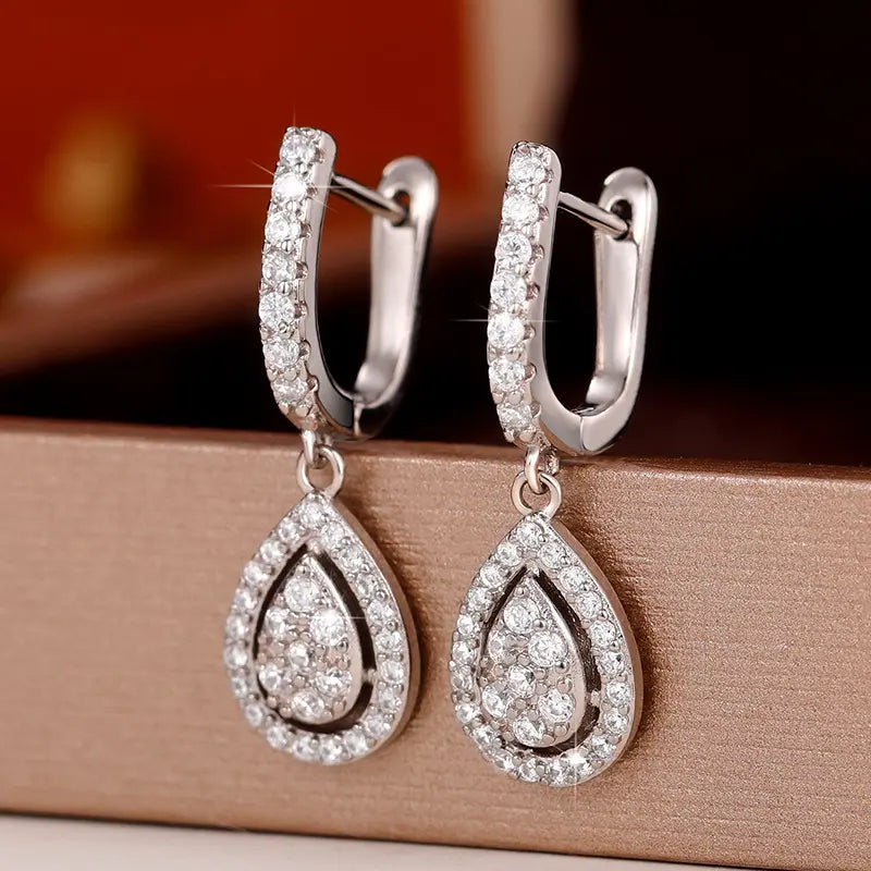 Women's Silver-Plated Teardrop Earrings with Zircon Inlay